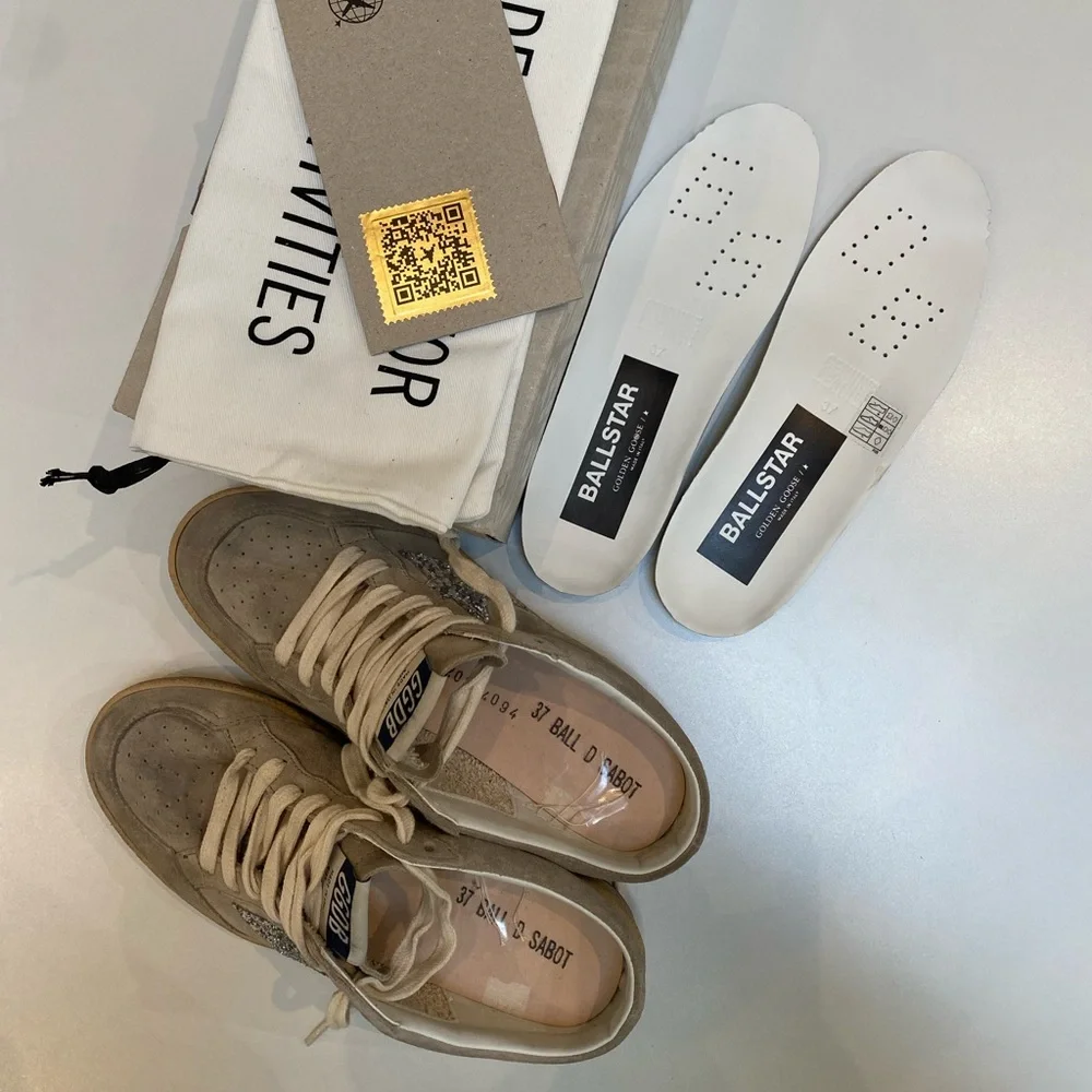 Golden Goose Ball Star Sabot Sneaker Taupe Suede/Silver Glitter sz 37 New in Box - Picture 5 of 11